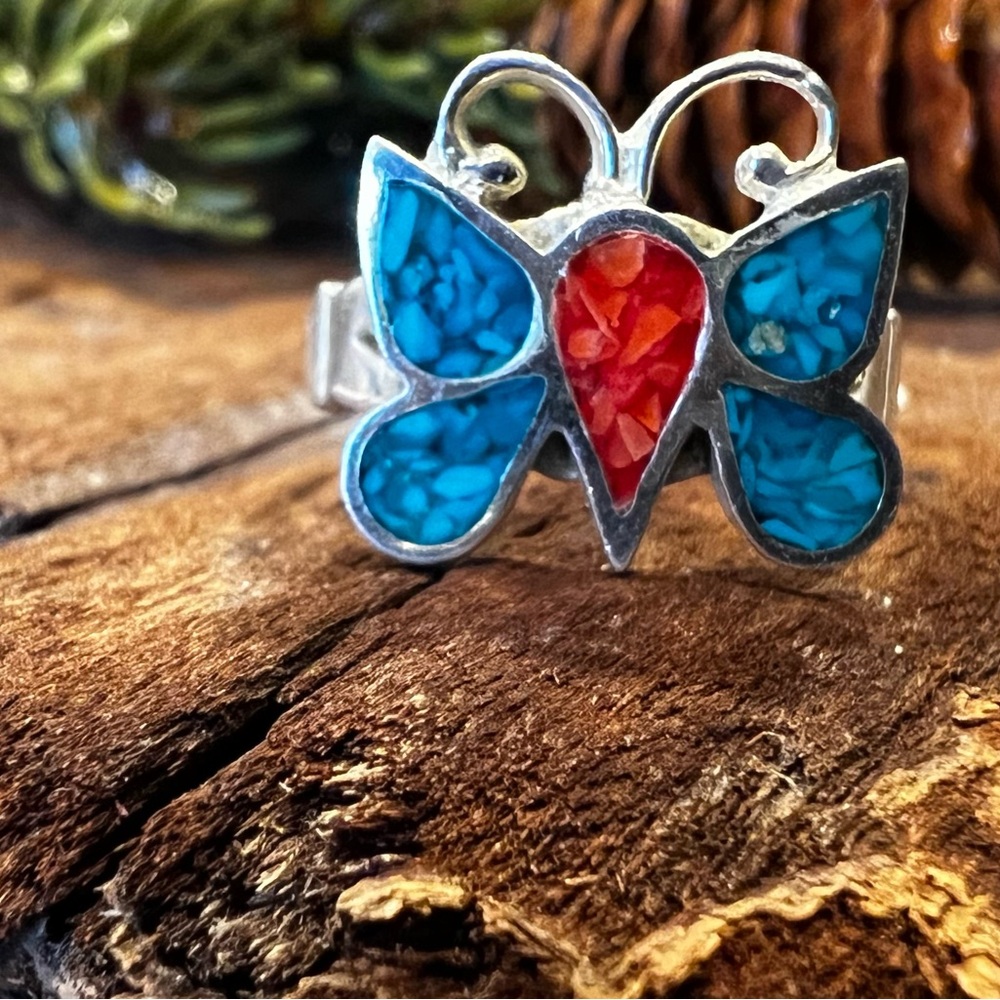 NOS Navajo Zuni Butterfly Ring Crushed Blue Turquoise Red Coral Bell Sterling 7
